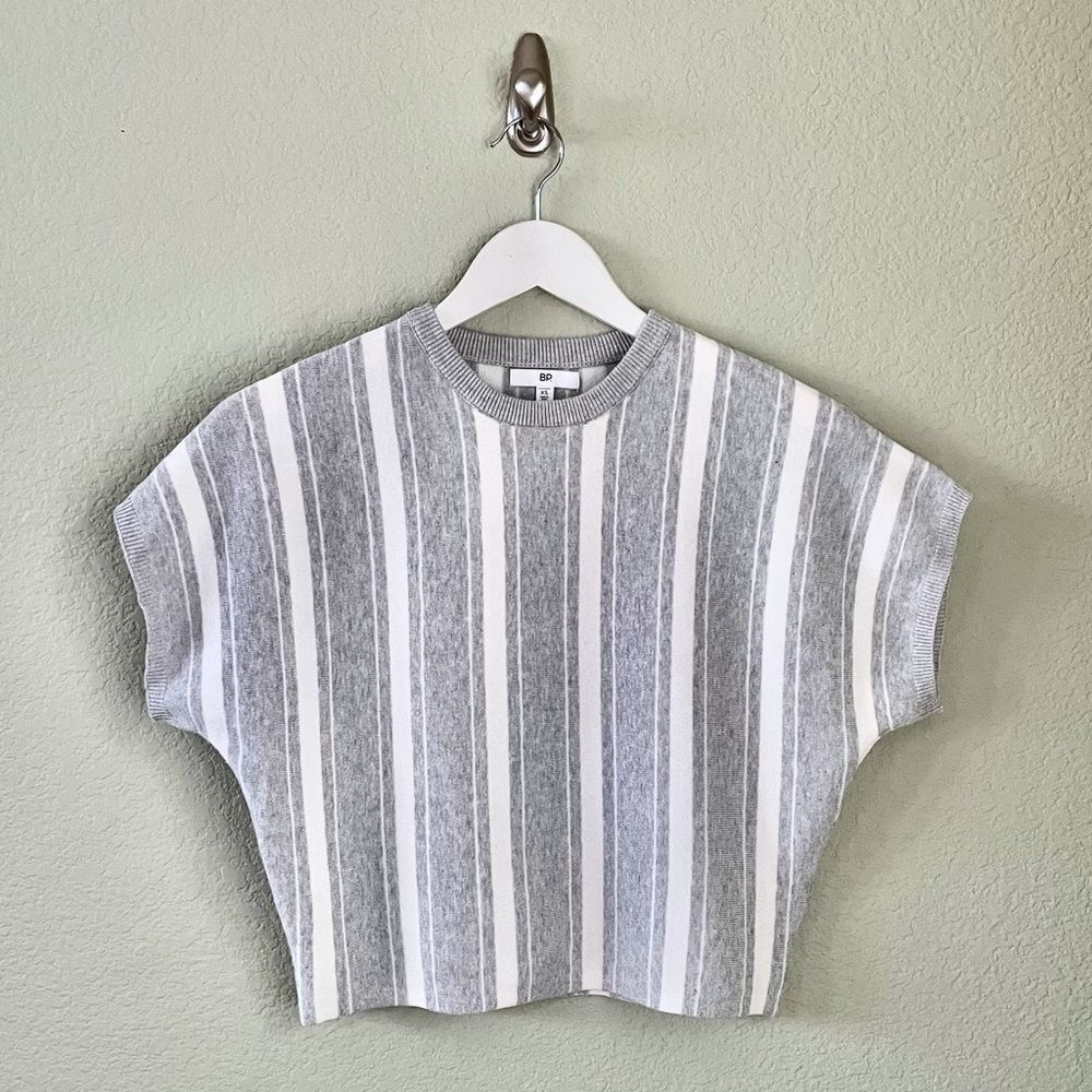 B.P. Short Sleeve Gray & Ivory Striped Crop Sweater, Cotton Blend, Trend…